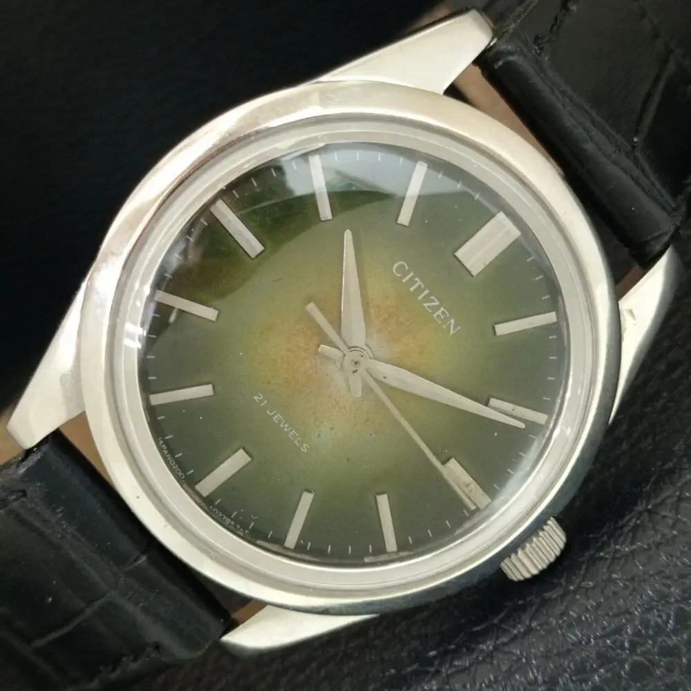 Vintage 1984 Citizen Manual Wound Mens Silver Watch & Olive accents
